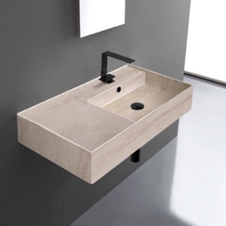 Bathroom Sink Beige Travertine Design Ceramic Wall Mounted or Vessel Sink With Counter Space Scarabeo 5118-E